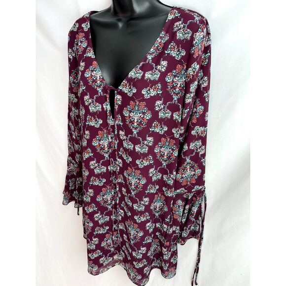 Tularosa Tunic Dress Top Eggplant Floral Bell Sleeve Ruffle Size S Romantic - Picture 3 of 11